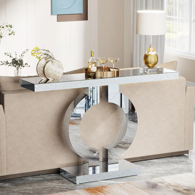Prato Mirrored Console Table | with Silver O-Shaped Base, 43-Inch Modern Entryway Glass Sofa Table