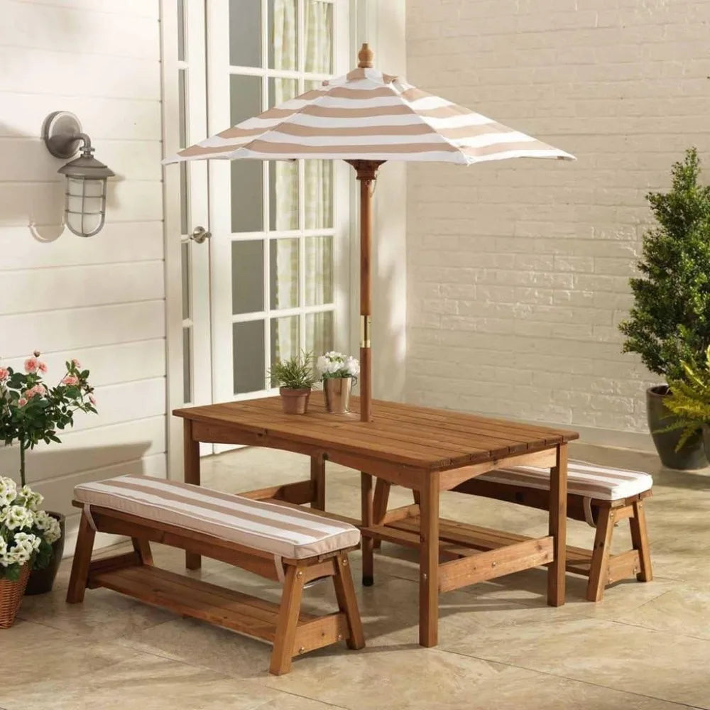 Castel Outdoor Furniture Set | Wooden Table and Bench Set with Cushions and Umbrella