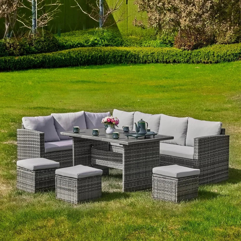 Torre Outdoor 7 Piece Sofa Set | Patio Furniture with Dining Table & Chair, All Weather Wicker Set Grey Garden Sofas