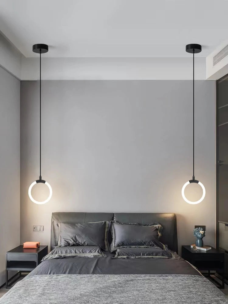 Modern Minimalist LED Pendant Light Chandelier For bedroom bedside  Bar Gold Black Ring Hanging Lamp Decoration Lustre