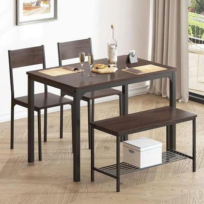 Mesa de comedor Gloria de madera de 4 piezas | juego de cocina con 2 sillas y 1 banco, juego de mesa de cocina para 4 personas, espacio de comedor