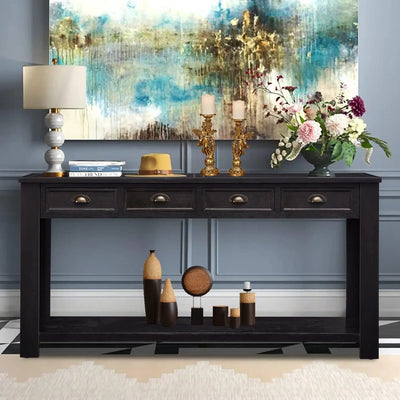 Casette Long Hallway Console Table | with 4 Drawers, Modern Black Wood Entryway Table with Storage Shelf
