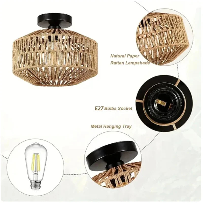 Rattan Ceiling Lamp E27 LED Lights Hand Woven Bedroom Hanging Lamps For Ceiling Light Modern Home Decoration Light Fixture