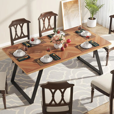طاولة غرفة طعام تورين لـ 6 صناعية مقاس 63 بوصة | طاولة مطبخ خشبية مستطيلة من خشب الجوز مع إطار معدني بأرجل فولاذية