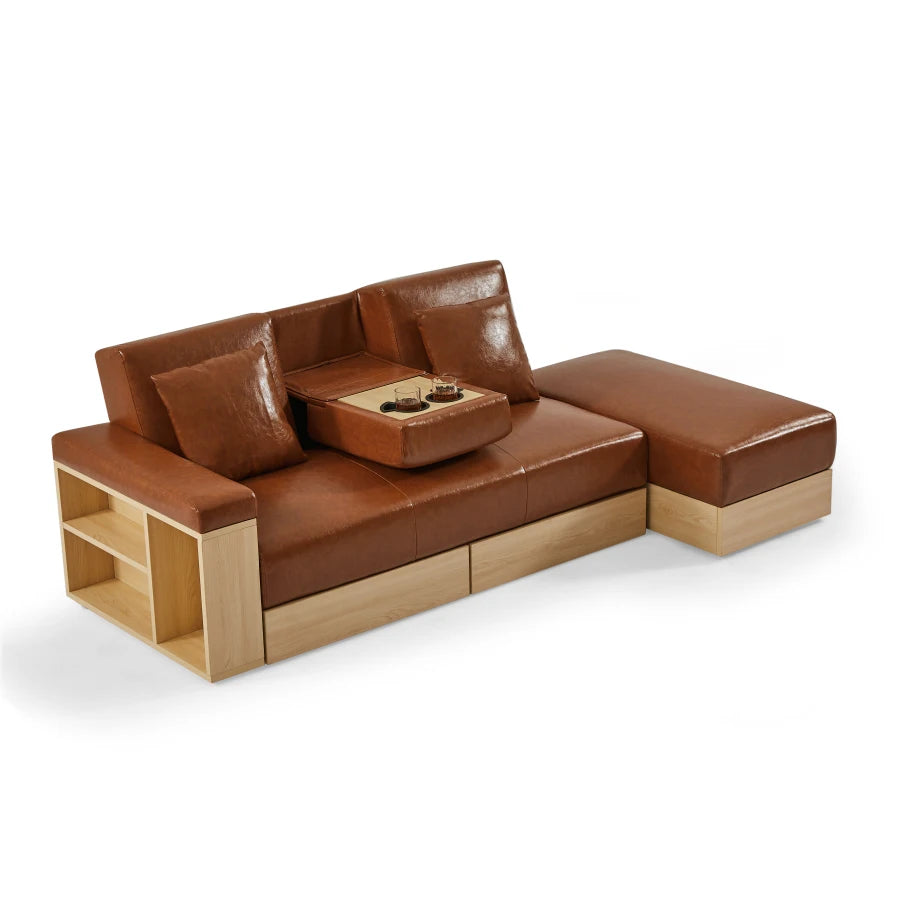 Andrea Modern Multi-functional Sofa | With Storage Box And Drawer Brown Wood Leather L Shaped Couch