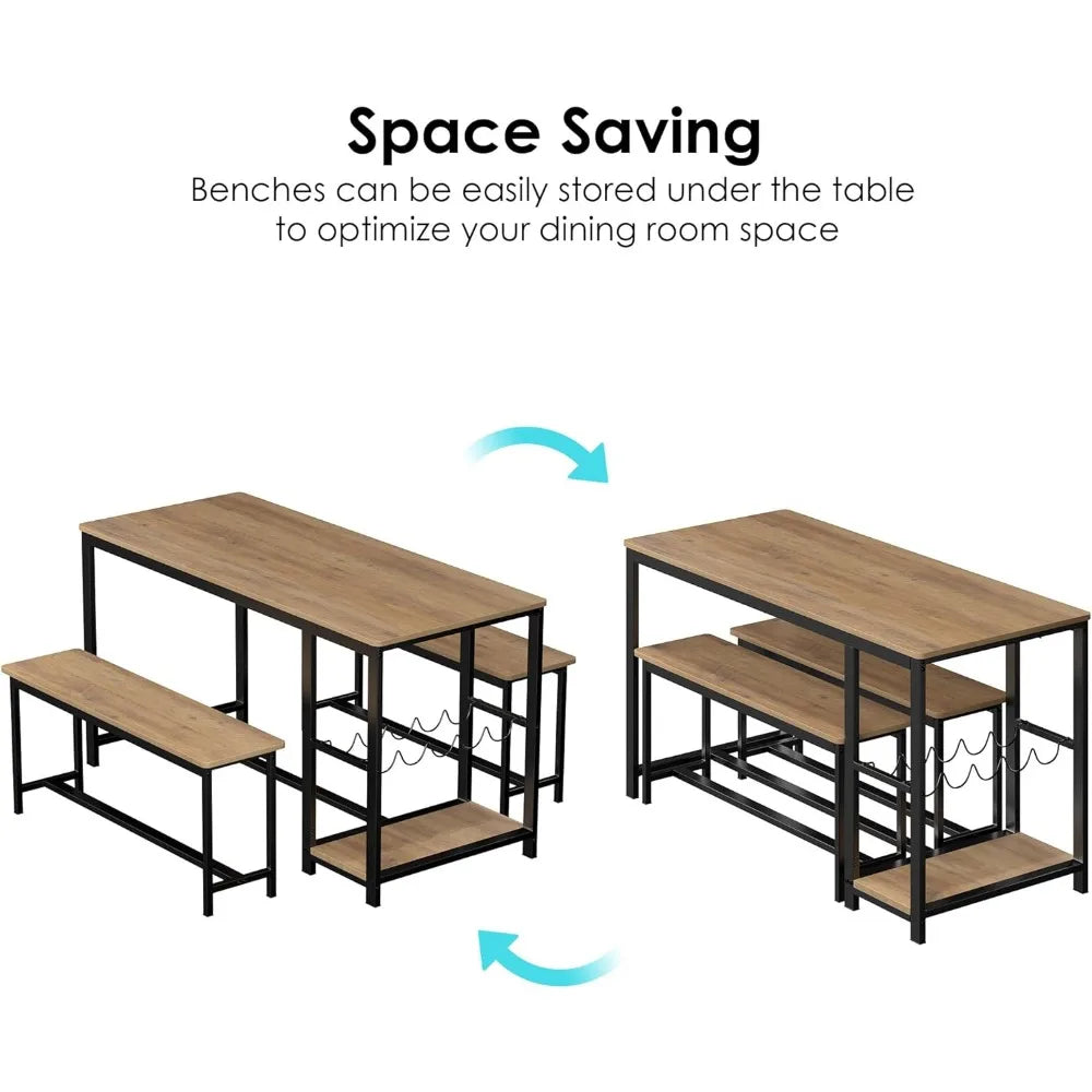 Maria 54.7" Dining Table Set With 2 Benches | 3-Piece Kitchen Table for 4 Chairs Wooden Furniture