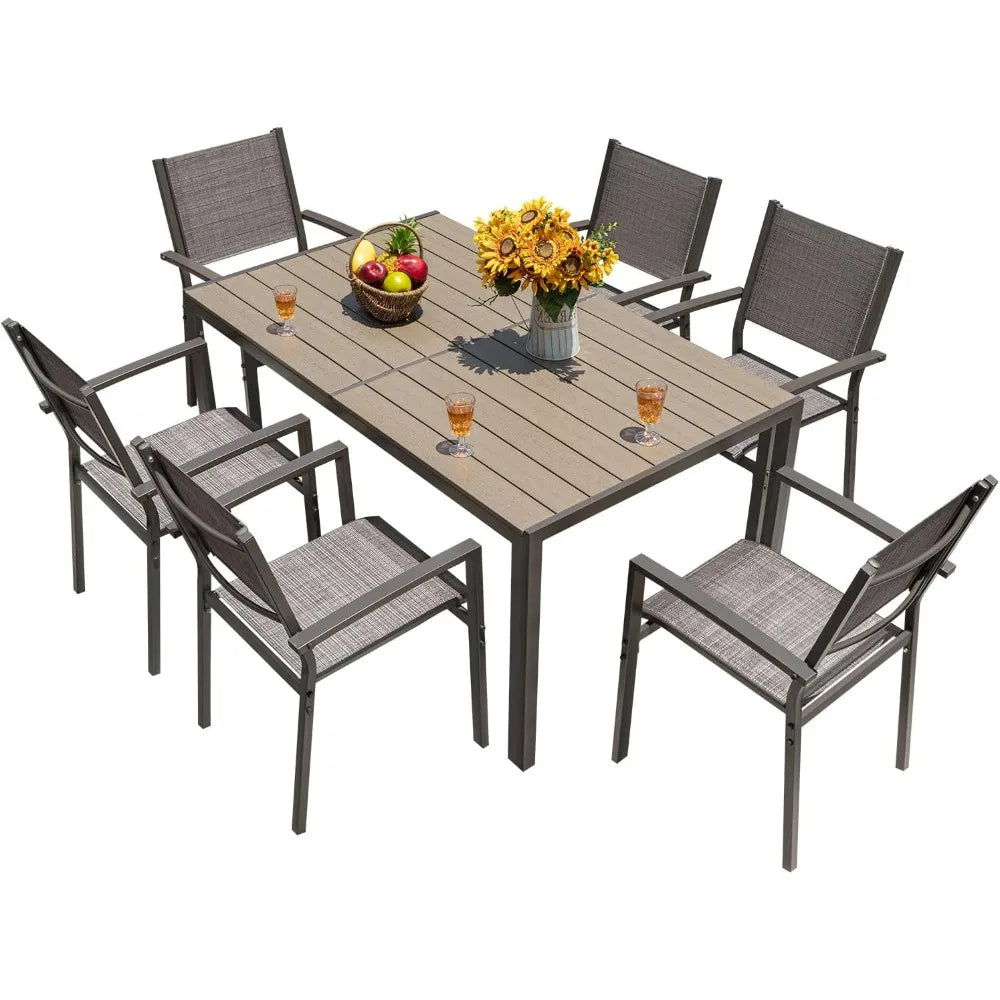 Coletta 7 Piece Dining Table | Patio Set Outdoor Furniture with 6 Stackable Textilene Chairs