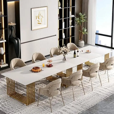 طاولة طعام موناكو 70.8 بوصة حديثة | لـ 6-8، طاولة مطبخ طويلة مستطيلة من الخشب باللون الأبيض والذهبي مع أرجل معدنية ذهبية لغرفة الطعام