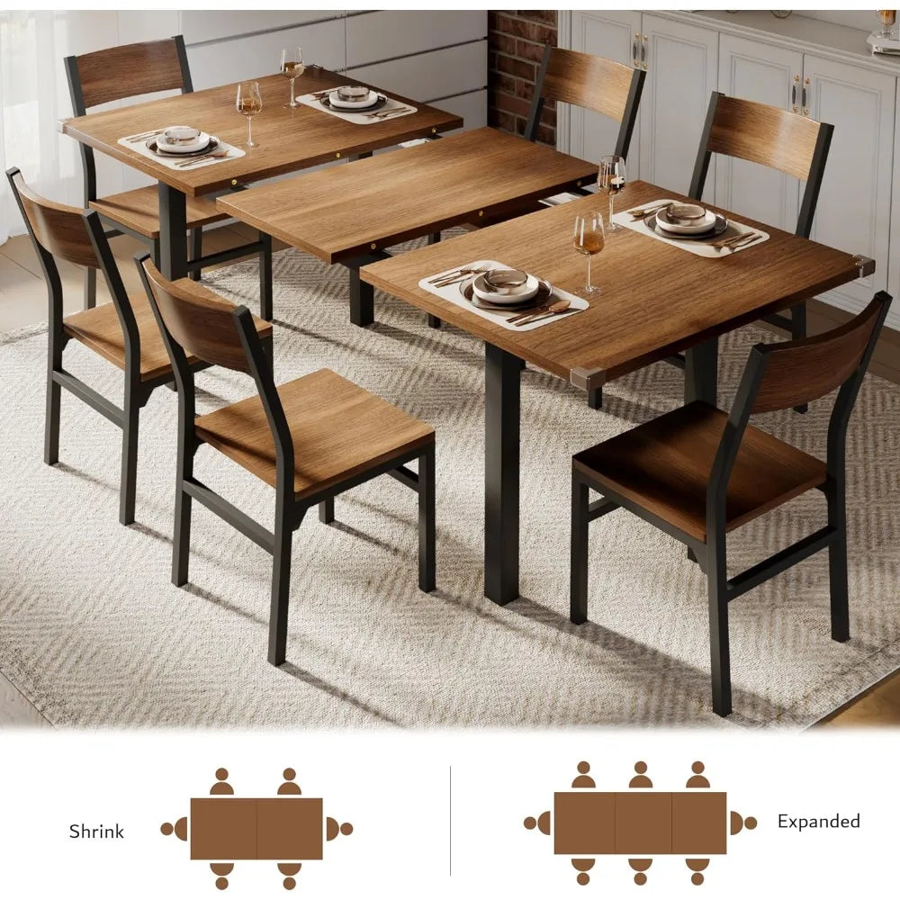 Musetti Dining Table & Chairs Set | 63" Extendable Kitchen Table Dining Room Table with Metal Frame & MDF Board, Easy Clean
