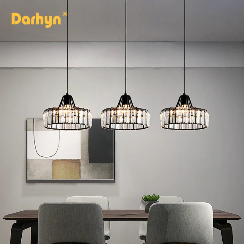 Nordic Crystal LED Pendant Light Retro Gold 1/2/3 Head Dining Room Hanging Fixture For Living Room Bedroom Indoor E27 Decor Lamp