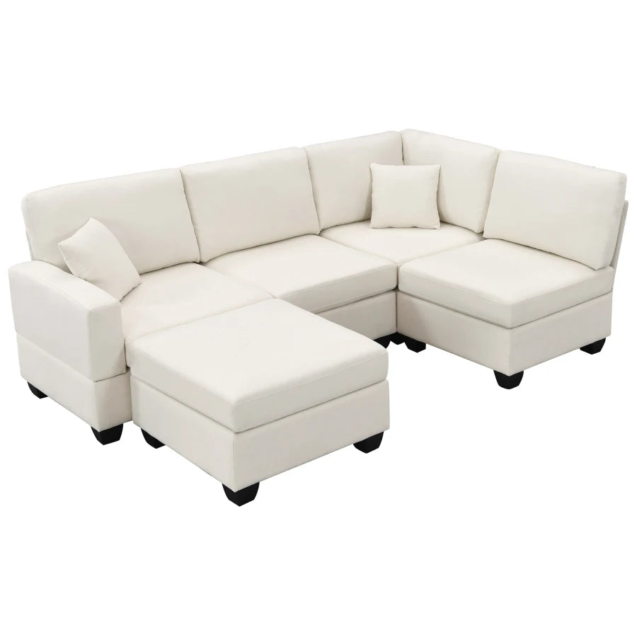 Flores L-Shape Sectional Sofa | 5-Seat Modular Couch Set with Convertible Ottoman Linen Fabric Corner Couch Set for Living Room