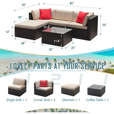 Bertone Outdoor 5 Piece Sofa Set | Thick Cushions & Tempered Glass Table,Outdoor Garden Patio Furniture