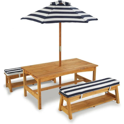 Castel Outdoor Furniture Set | Wooden Table and Bench Set with Cushions and Umbrella