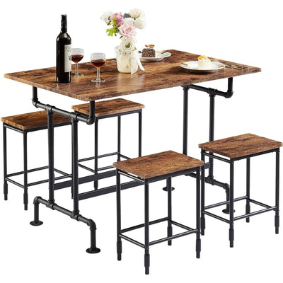 Cachin Wood High Dining Table 5 Piece Set | Kitchen Industrial Bar Dinette with Rectangular Tabletop