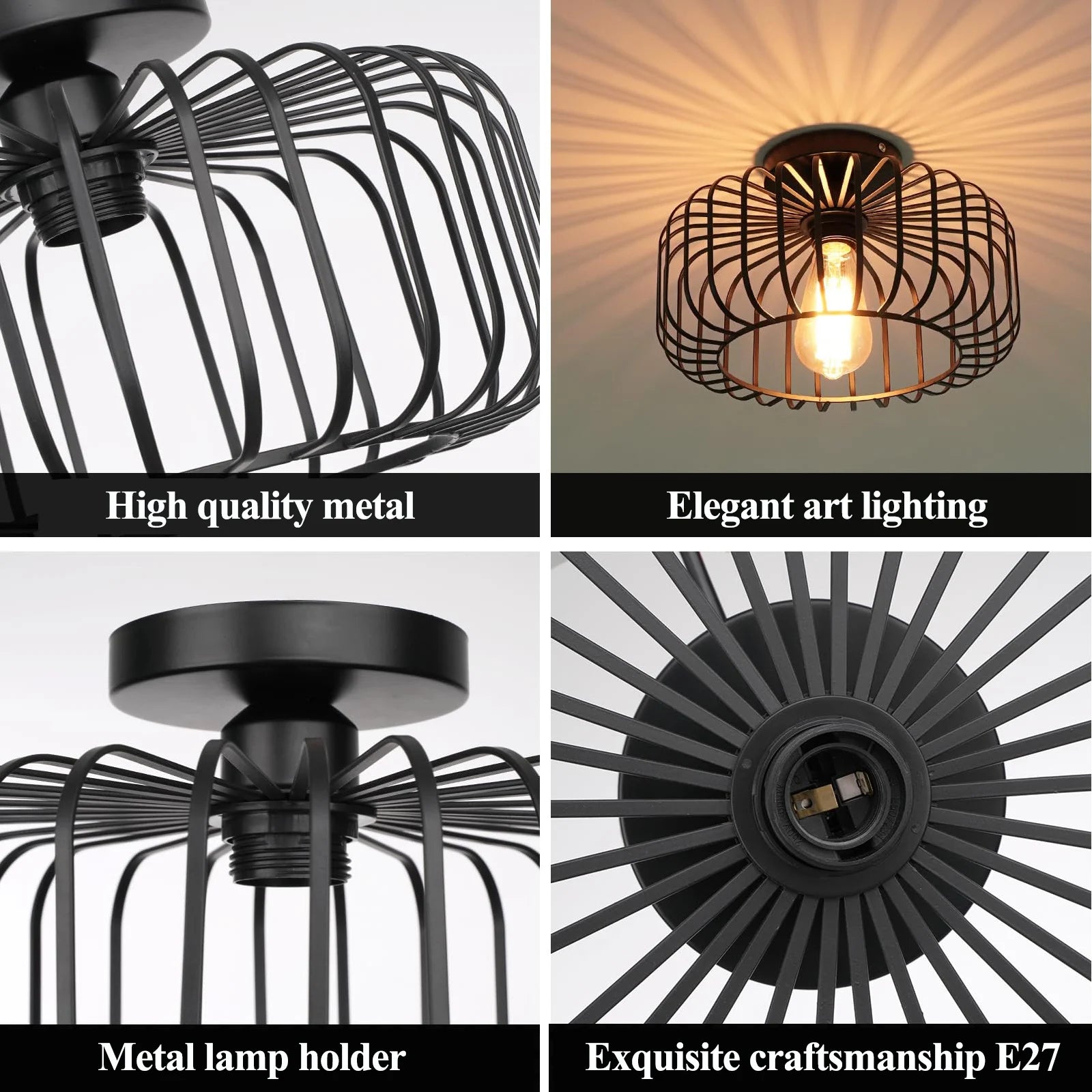 Semi Flush Mount Ceiling Light E27 Retro Black Industrial Ceiling Lamp Fixtures for Porch Hallway Living Room Farmhouse Light