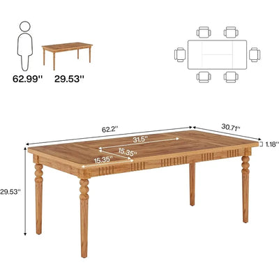 Renne Wood Rectangular Dining Table |  Kitchen Table with Solid Wood Turned Legs, 63 Inch Large Dining Room Table Dinner