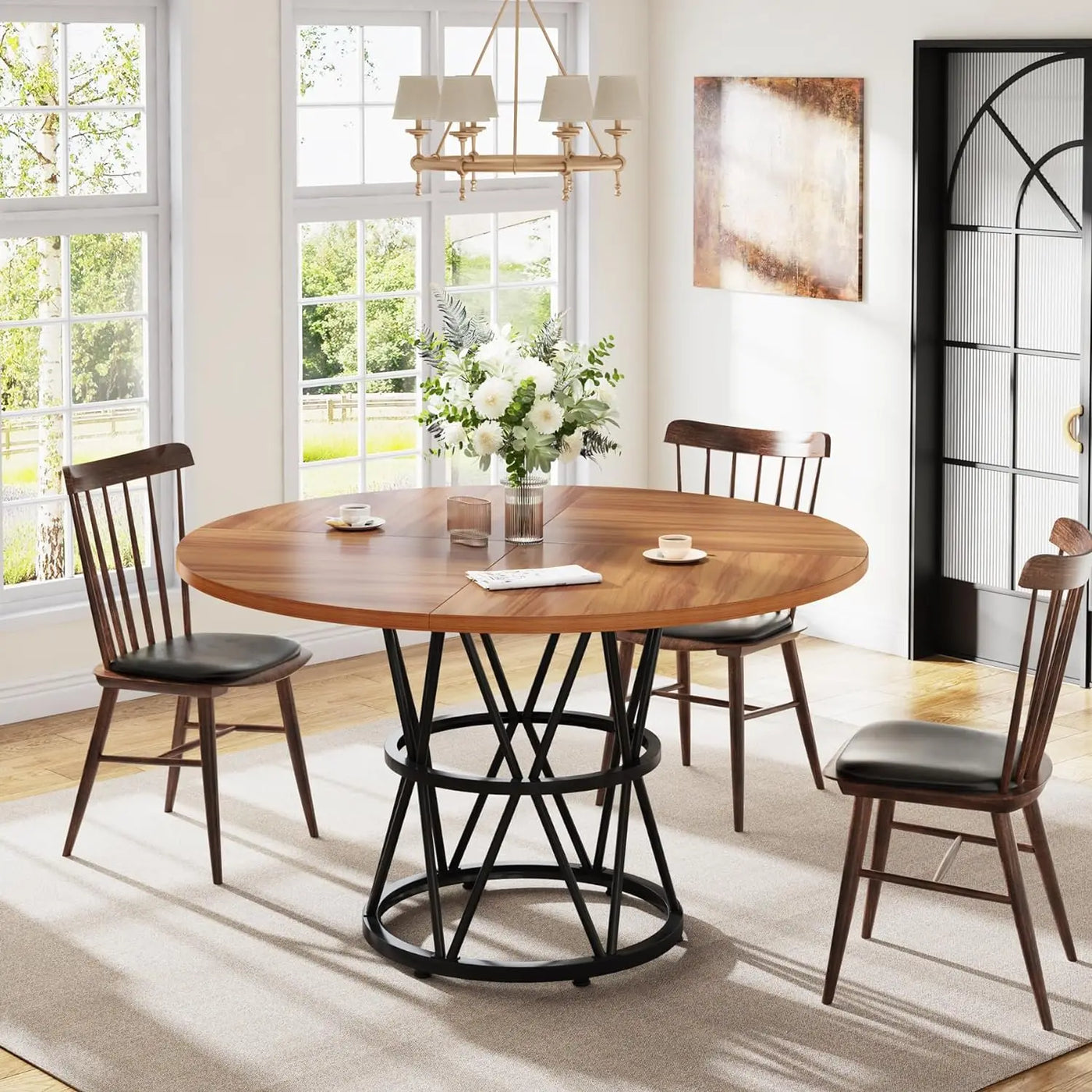 Gianna Round Dining Table 47 Inches | Kitchen Table Circle Wood Dining Room Metal Base