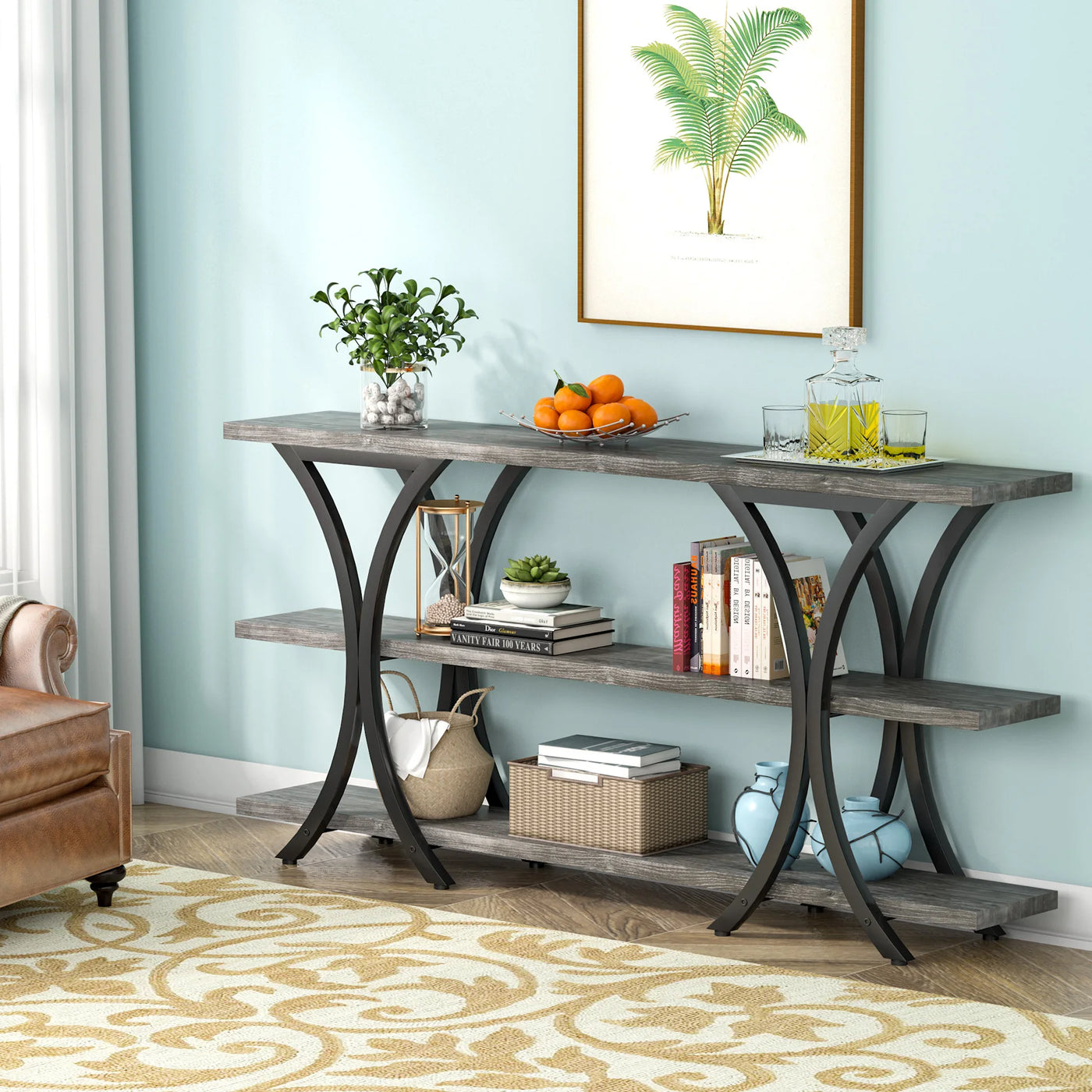Darling Narrow Console Table | Long Wood Metal Sofa Table EntrywayTable with 3 Tier Storage Shelves