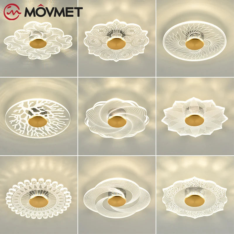 Clear Acrylic LED Ceiling Lamp Flower Gold Iron Round Hardware Living Room Aisle Bathroom Bedside Light Kitchen Home Decoration