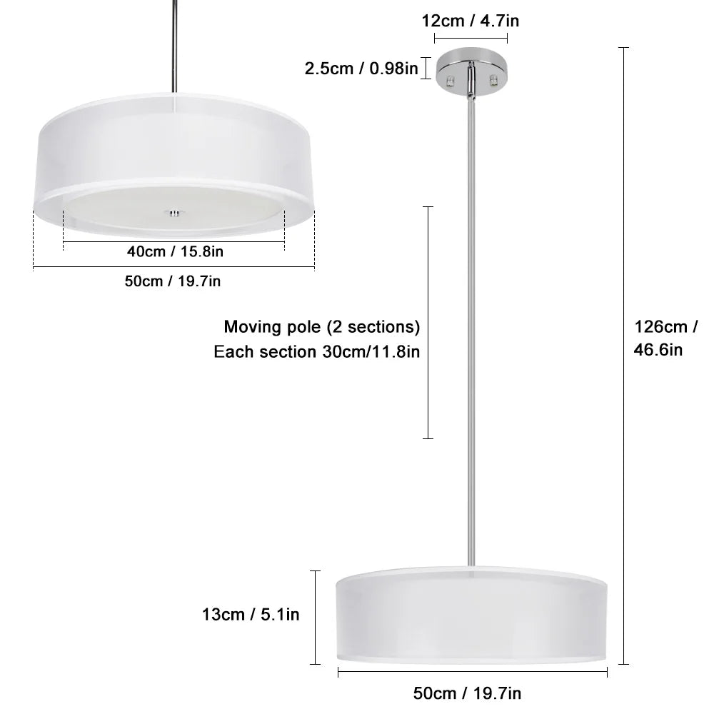 Depuley 20" 3-light Classic Semi Flush Mount Ceiling Light with Drum Shade Adjustable Height for Dining Room Bedroom E26 Base