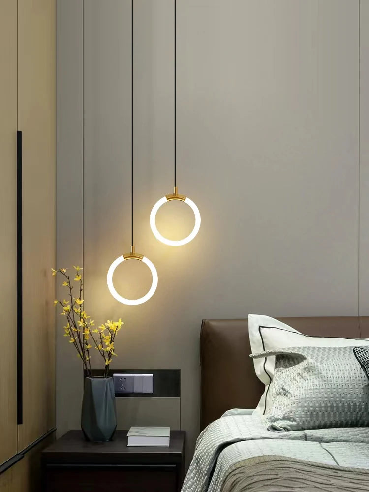 Modern Minimalist LED Pendant Light Chandelier For bedroom bedside  Bar Gold Black Ring Hanging Lamp Decoration Lustre