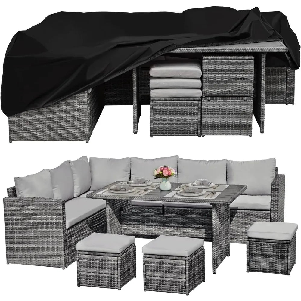 Torre Outdoor 7 Piece Sofa Set | Patio Furniture with Dining Table & Chair, All Weather Wicker Set Grey Garden Sofas