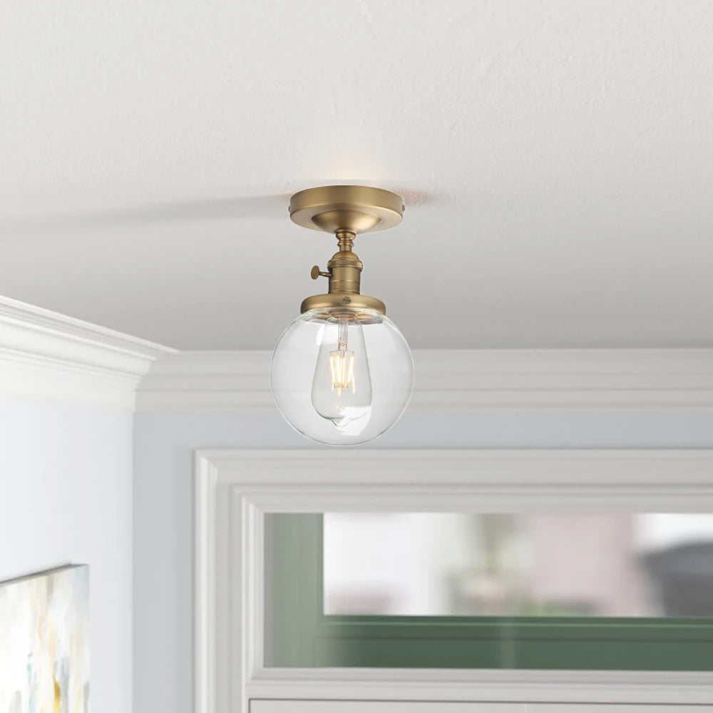 Phansthy Vintage Industrial Mini 5.9" Round Clear Glass Globe Semi Flush Mount Ceiling Light Fixture (Antique)