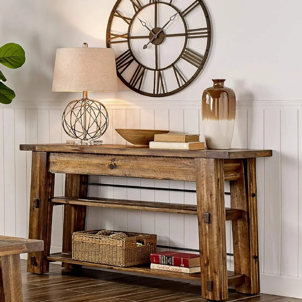 Morrison Industrial Console Table | Wood Farmhouse Entryway Accent Table with Two Shelves