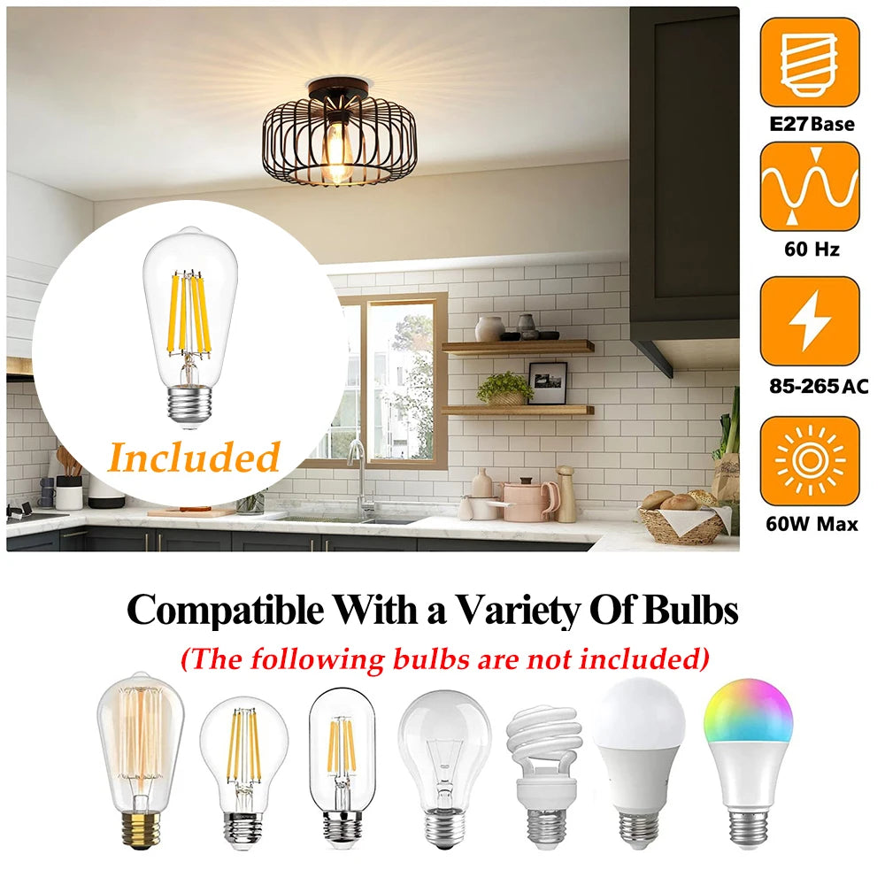 Semi Flush Mount Ceiling Light E27 Retro Black Industrial Ceiling Lamp Fixtures for Porch Hallway Living Room Farmhouse Light