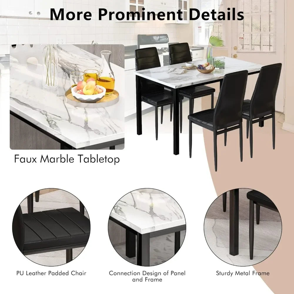 Ella Kitchen Table Set | With Faux Marble Pattern Table and 4 PU Leather Upholstered Chairs White Black