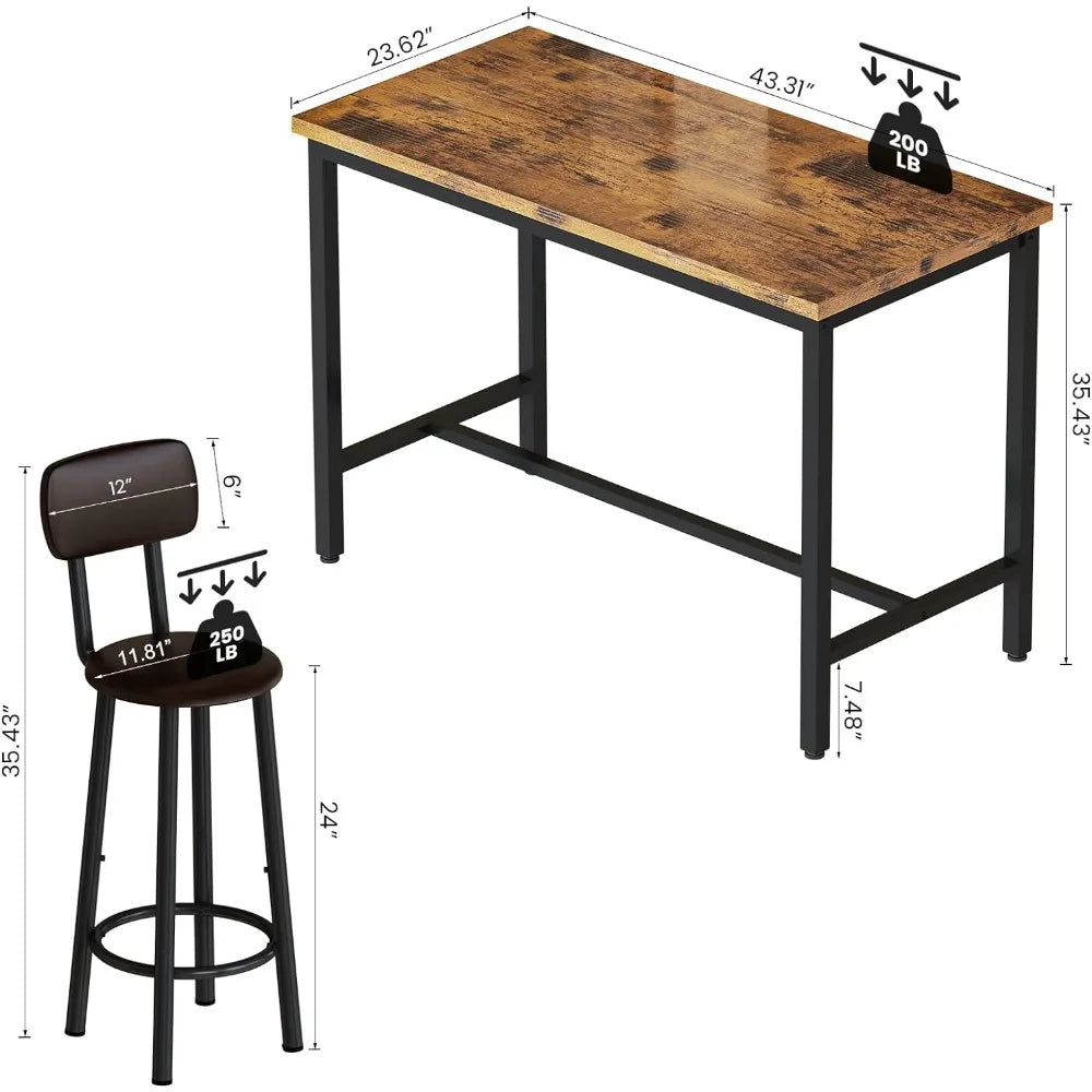 Juego de mesa y sillas de bar Casa | Mesa de comedor de madera industrial para cocina, barra de desayuno con ahorro de espacio, mostrador