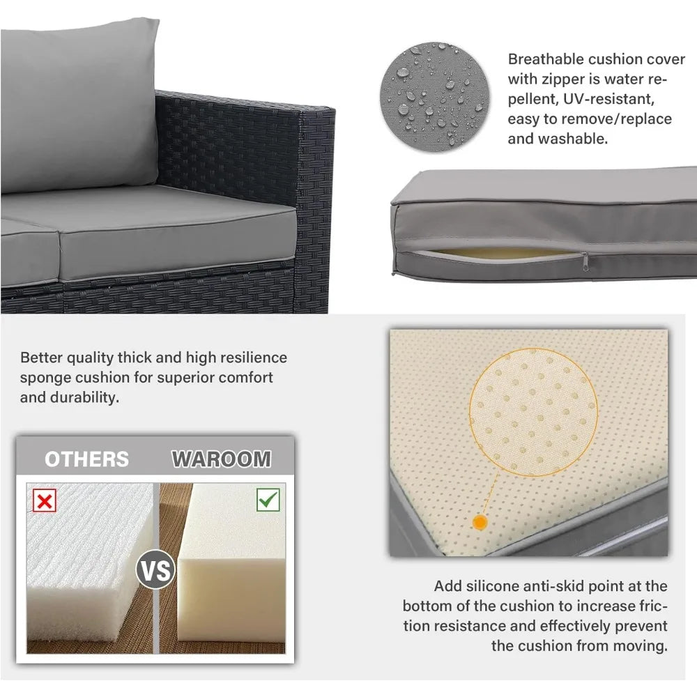 Retta Outdoor 4 Piece Sofa Set | Storage Box Glass Top Table and Non-Slip Grey Cushion, Patio Furniture Set
