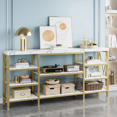 Carlo Console Table | 39/70 Inch Modern Entryway Table, Gold Table with Storage, Faux Marble