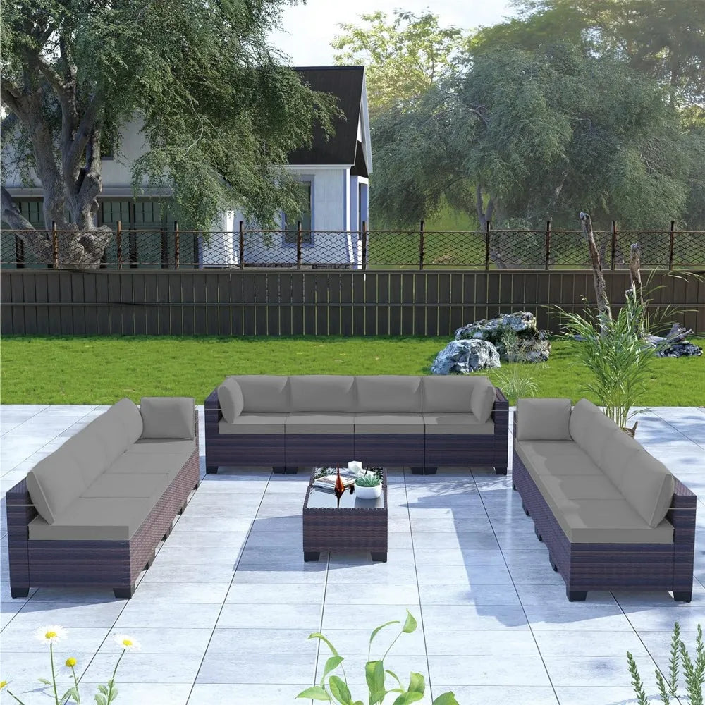 Ville Outdoor 8/12 Piece Sofa Set | Sectional Rattan Patio Set Brown PE Rattan Wicker Garden Backyard Tempered Glass Table