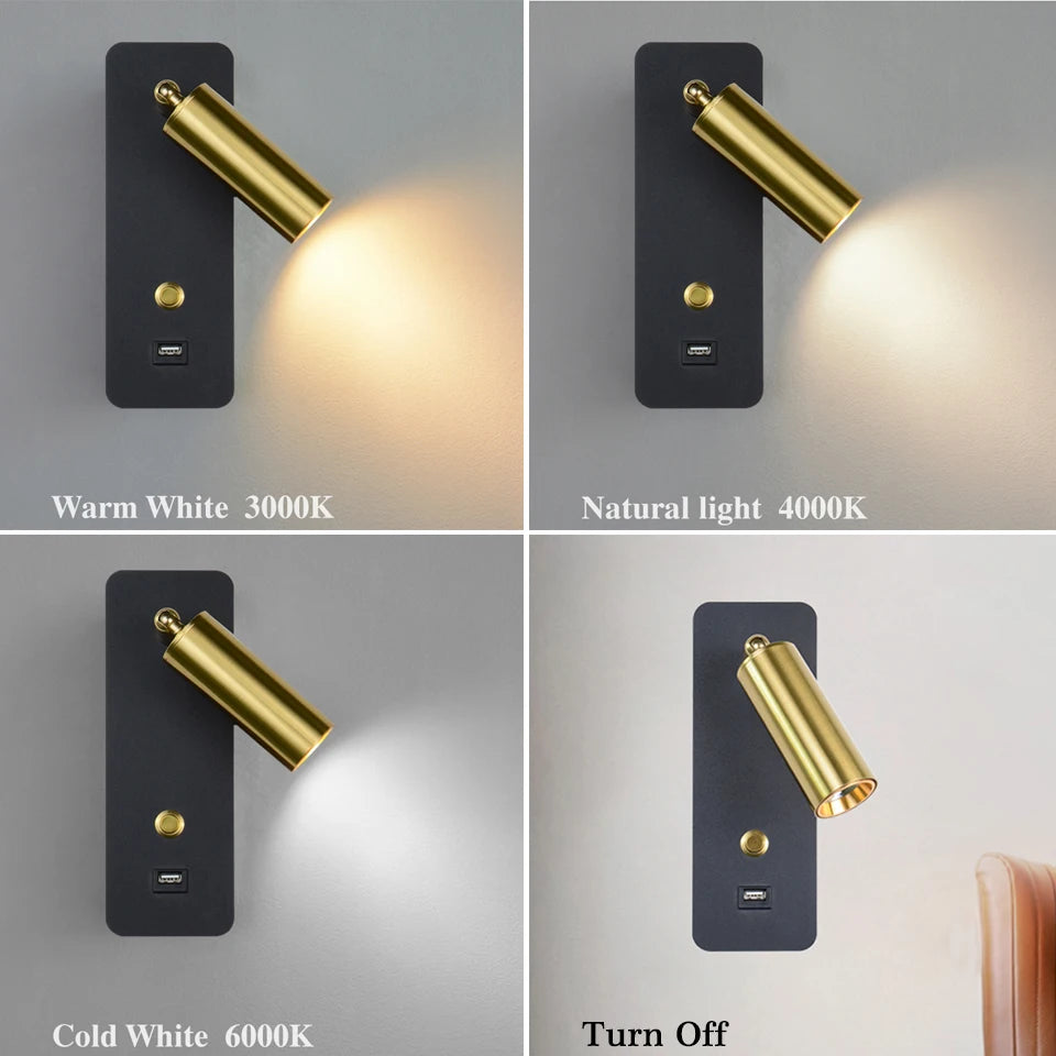 Modern Indoor LED Wall Light 110V 220V 7W 9W With Switch Bedroom Bedsid USB Charge Wall Lamp Stair Study Livingroom Sconce