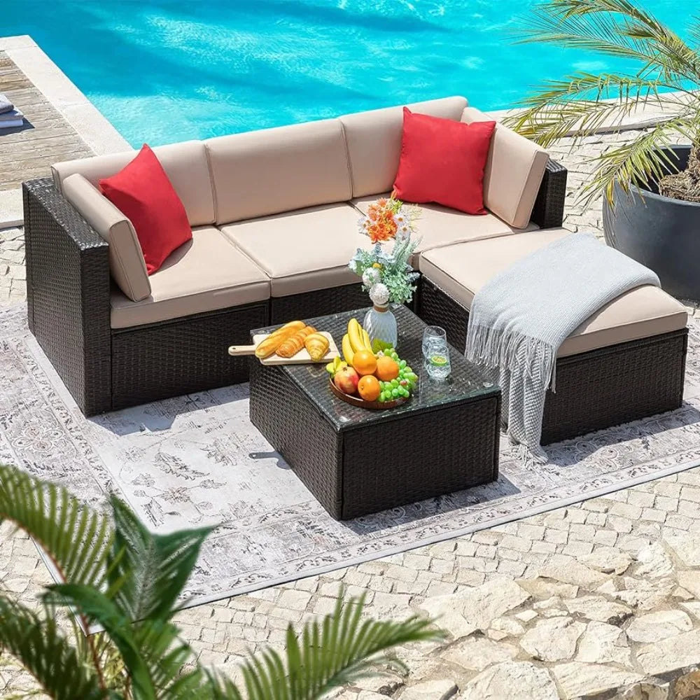 Bertone Outdoor 5 Piece Sofa Set | Thick Cushions & Tempered Glass Table,Outdoor Garden Patio Furniture