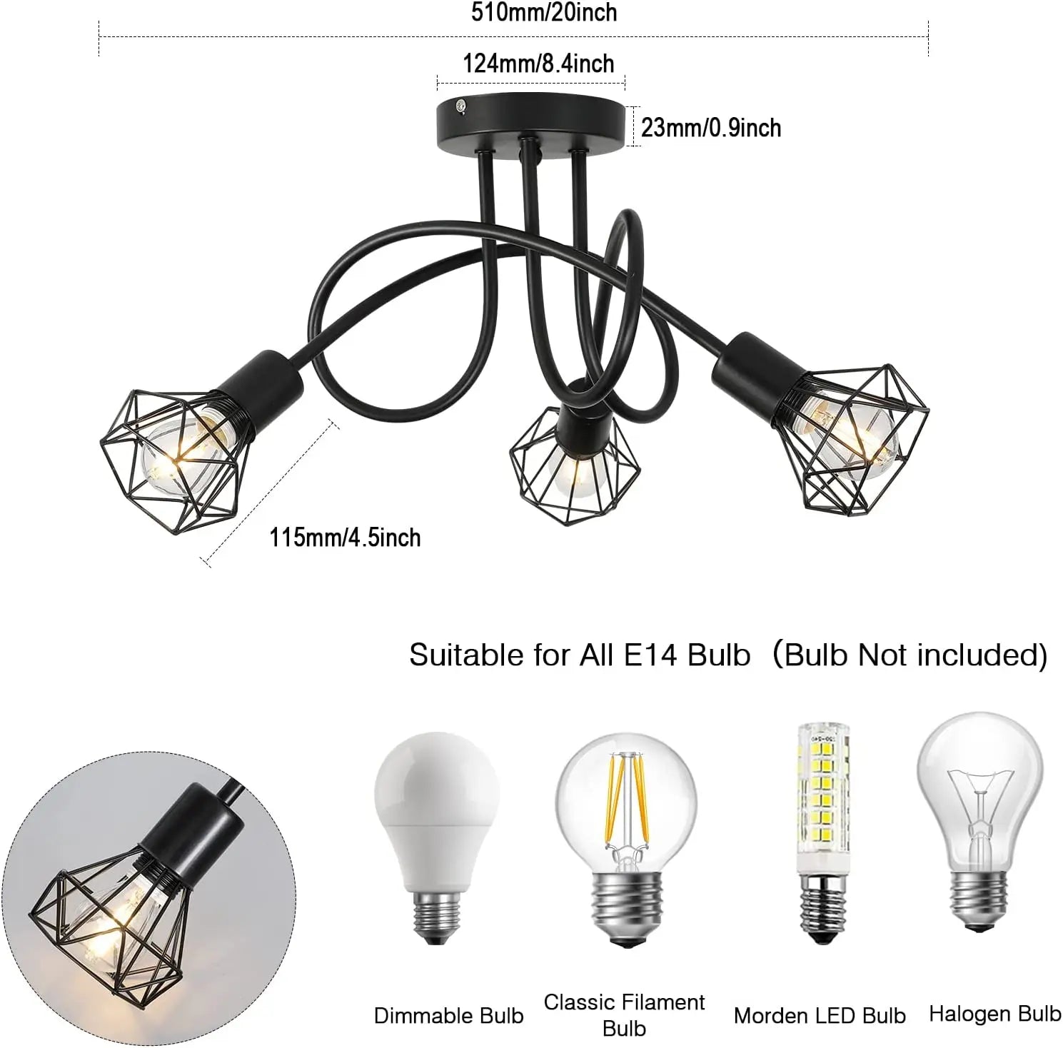 Spider Pendant Lighting 3-Heads Edison Chandelier Vintage Multiple Adjustable DIY Ceiling Light Kit Dining Room and Living Room,