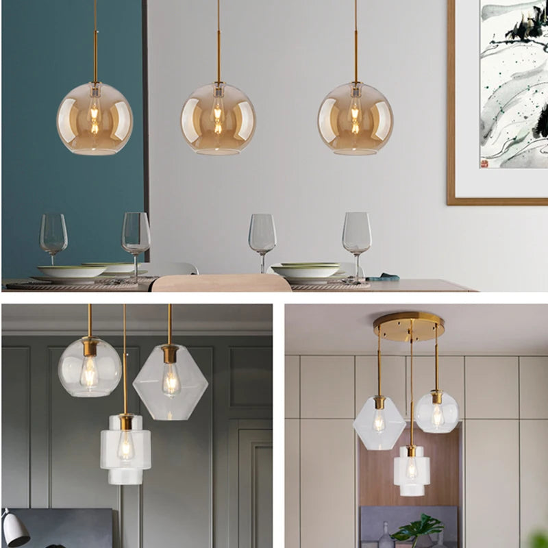 Nordic Glass Pendant Light LED Minimalist Round Amber Living Room Decor Hanging Lamp Bedroom Dining Room Indoor Fixtures Lusture