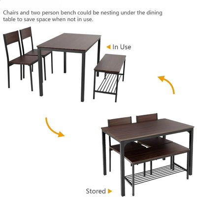 Mesa de comedor Gloria de madera de 4 piezas | juego de cocina con 2 sillas y 1 banco, juego de mesa de cocina para 4 personas, espacio de comedor