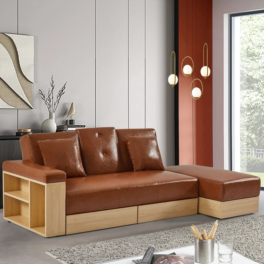 Andrea Modern Multi-functional Sofa | With Storage Box And Drawer Brown Wood Leather L Shaped Couch