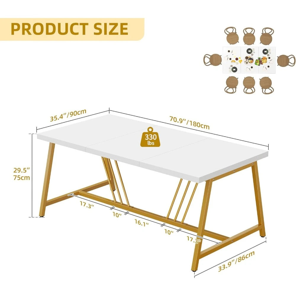 Laboral 70.3 Inch Large Modern Dining Table for 6-8 People | Rectangular Kitchen Table With Faux Marble Top and Gold Geometric Metal Legs