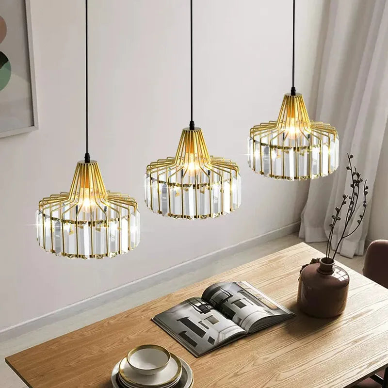 Nordic Crystal LED Pendant Light Retro Gold 1/2/3 Head Dining Room Hanging Fixture For Living Room Bedroom Indoor E27 Decor Lamp