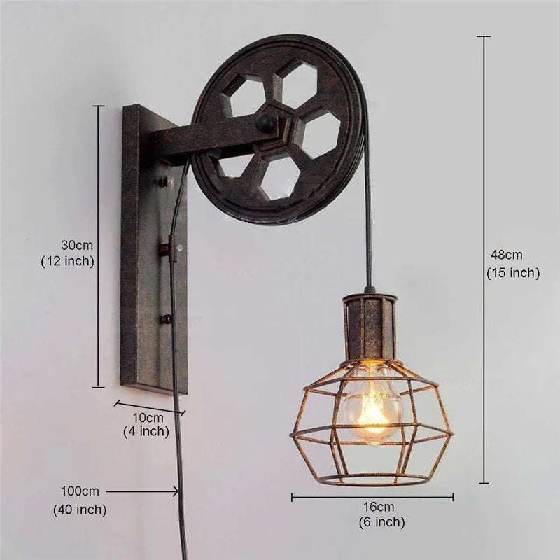 Retro Wrought Iron Pulley Wall Lamps for Home Bedroom Light Living Room Decoration Lighting Fixture Bedroom Wall Sconce Lamp E27