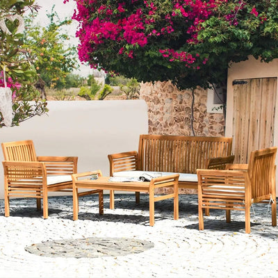 Sesame 4 Piece Outdoor Wood Sofa Set | Waterproof Cushions, Padded Patio Table and Chair Set