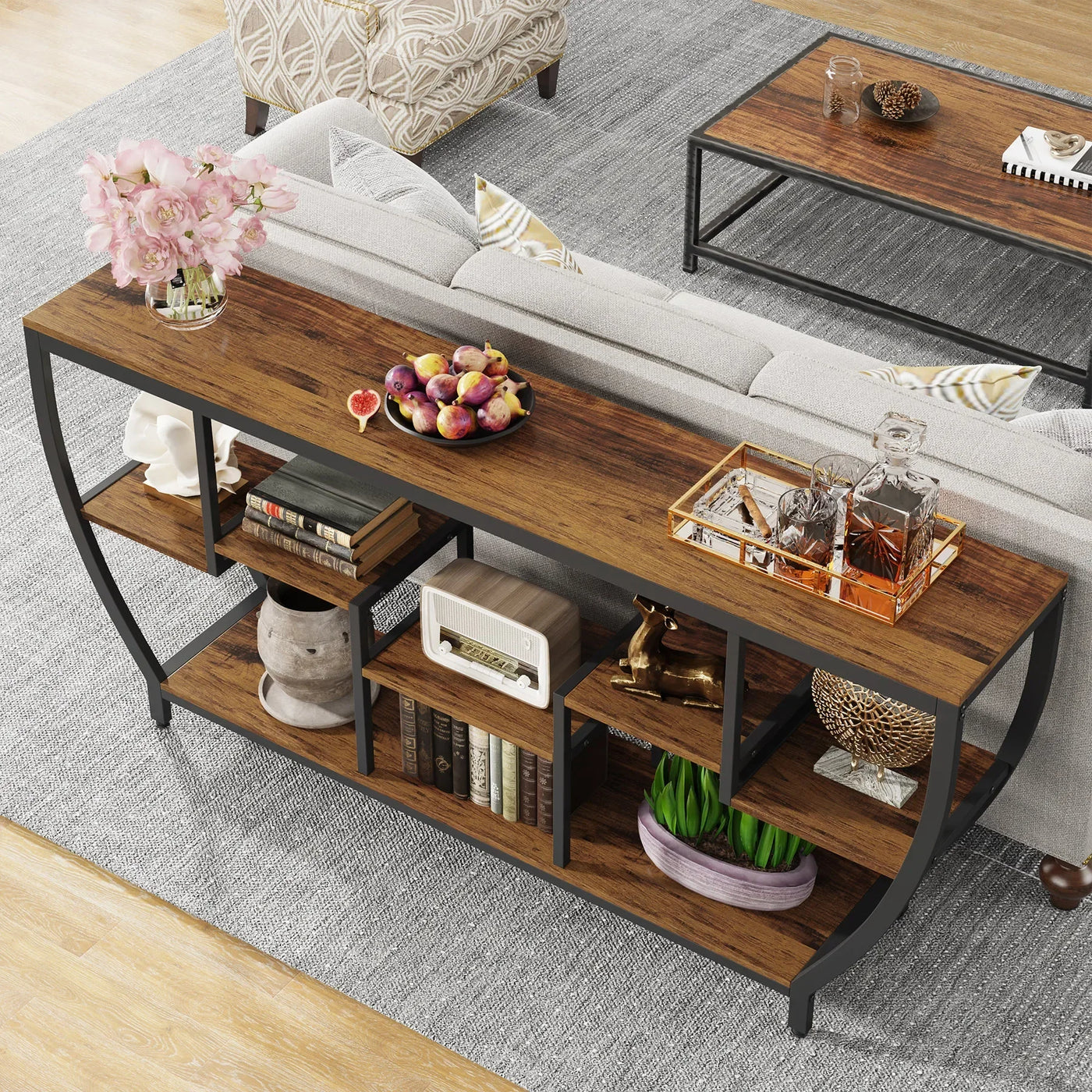 Hampton Long Sofa Table with Shelves | Rustic Wood Console Table Entryway Table, Behind Sofa Table