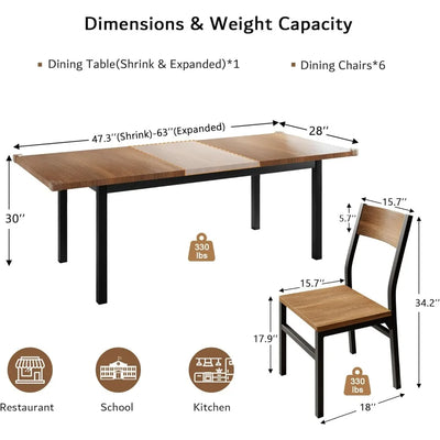 Musetti Dining Table & Chairs Set | 63" Extendable Kitchen Table Dining Room Table with Metal Frame & MDF Board, Easy Clean
