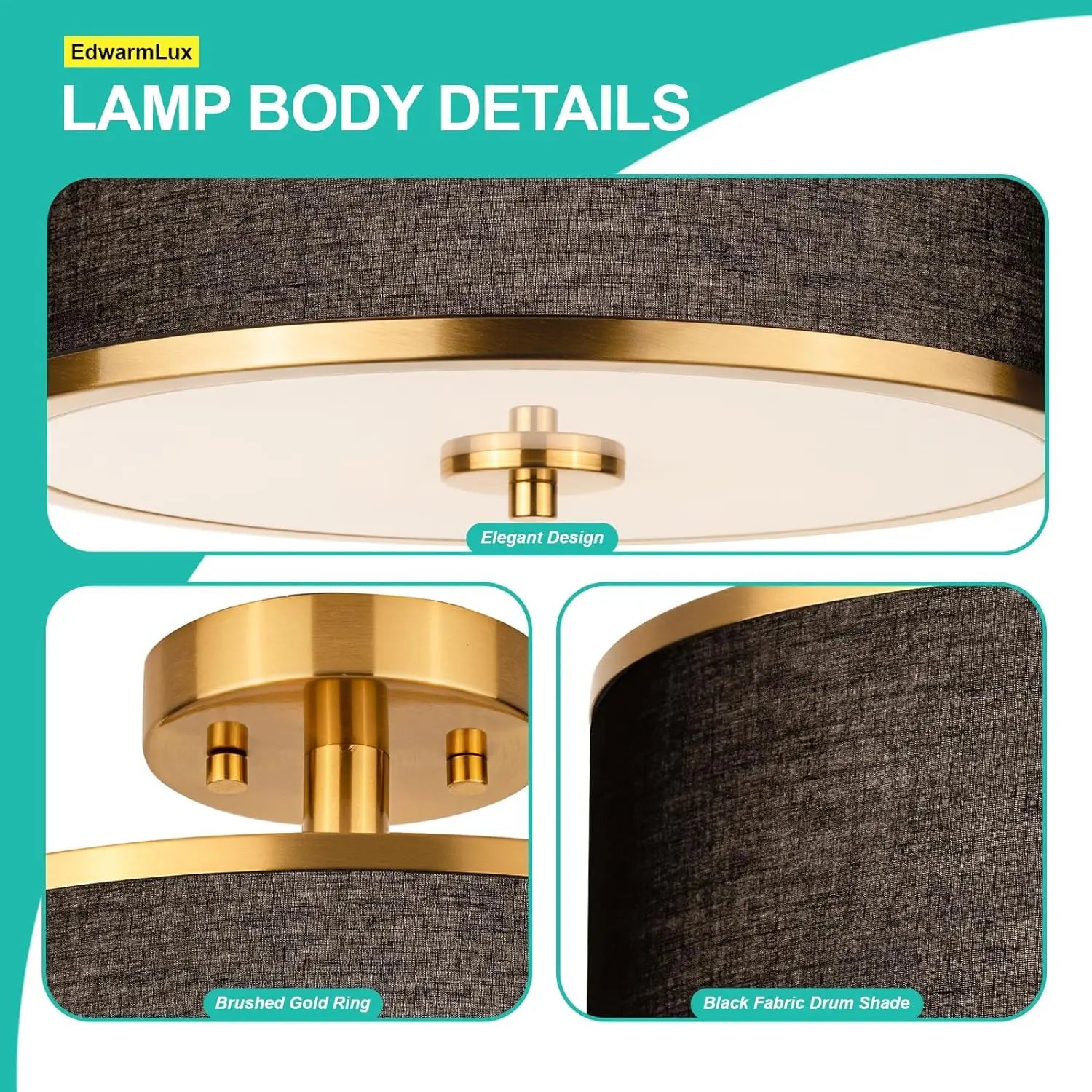 3-Light Semi Flush Mount Ceiling Light, Gold Light with Black Fabric Shade, Modern Ceiling Lamp for Living Room Bedroom