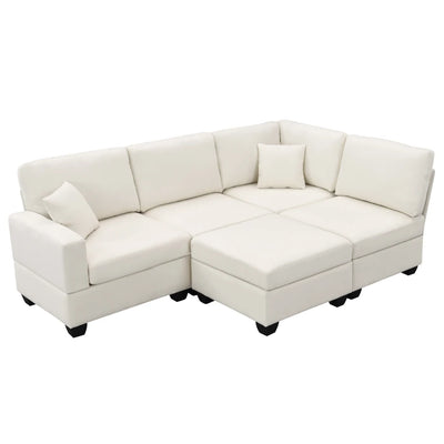 Flores L-Shape Sectional Sofa | 5-Seat Modular Couch Set with Convertible Ottoman Linen Fabric Corner Couch Set for Living Room