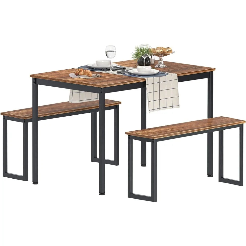 Lucia 3 Piece Kitchen Table Set | 45" Table & 2 Benches for 4 People, Space-Saving Table Set for Dining Room, Living Room