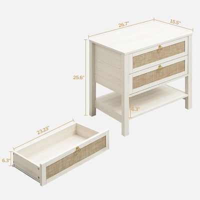 Ivory White Nightstand Set of 2 | Large Nightstand with Drawers and Storage Shelf - Rattan Boho Bedside Table Narrow Side Table